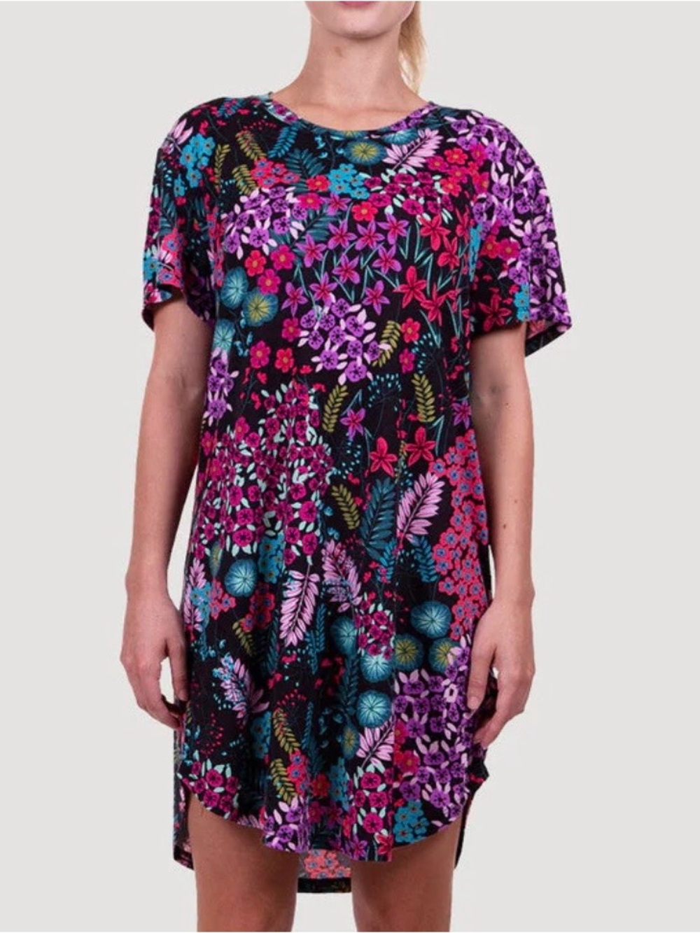 Vibrant Floral in Black with Pink & Purple Blooms Natori Sleep Shirt